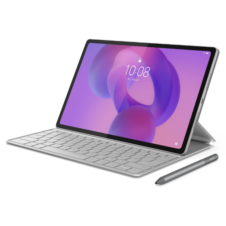 Tablet Lenovo cinzento com teclado e caneta, ecrã 12.1 polegadas, ligado mostrando o ecrã de bloqueio.