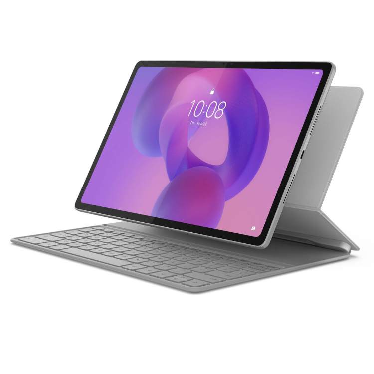 Tablet Lenovo Tab Plus 12.1 cinzento com teclado e ecrã ligado.