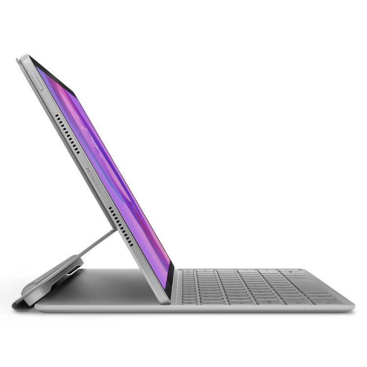 Tablet Lenovo cinzento com teclado e ecrã de 12,1 polegadas ligado, em posição inclinada.