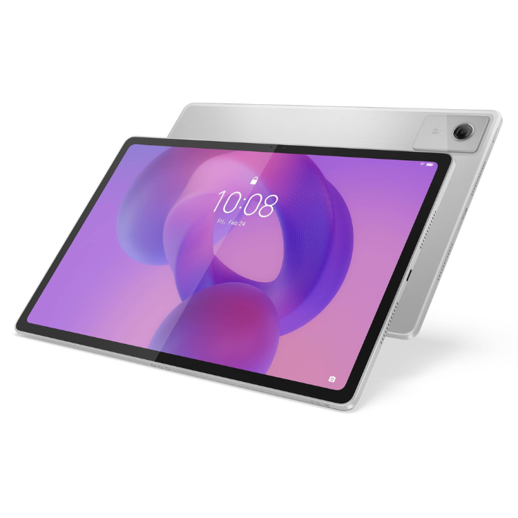 Tablet Lenovo Tab Plus 12.1 cinzento com ecrã ligado a mostrar o relógio.