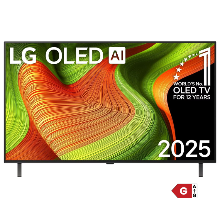 TV LG OLED AI 2025, 48 polegadas, 4K, ecrã com linhas onduladas em verde, laranja e vermelho.