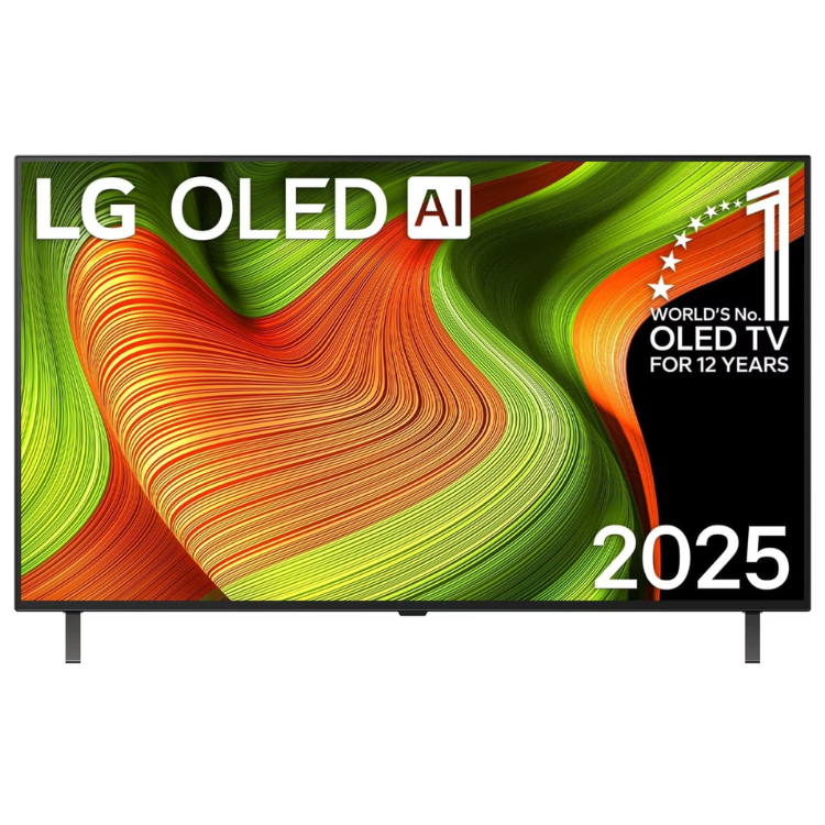 TV LG OLED AI 2025, 48 polegadas, 4K, ecrã com linhas onduladas em verde, laranja e vermelho.