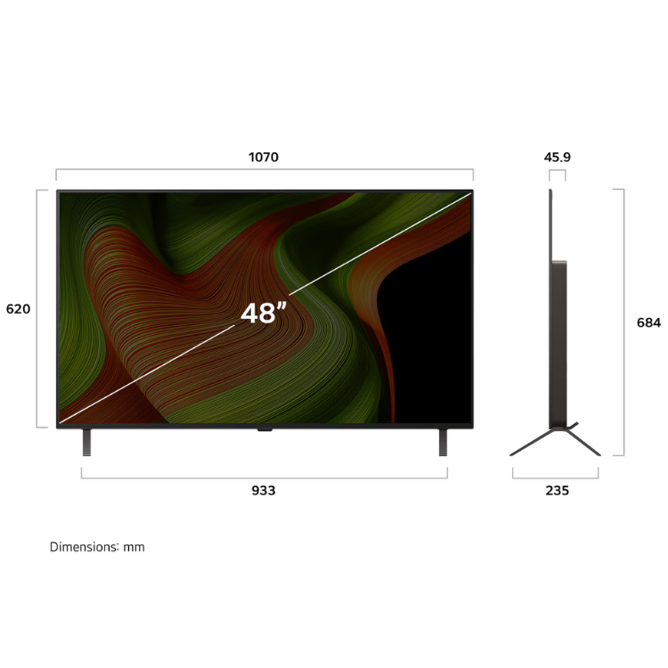 TV LG OLED 48" 4K, dimensões: 107cm x 62cm x 4,5cm, suporte: 68,4cm x 23,5cm.