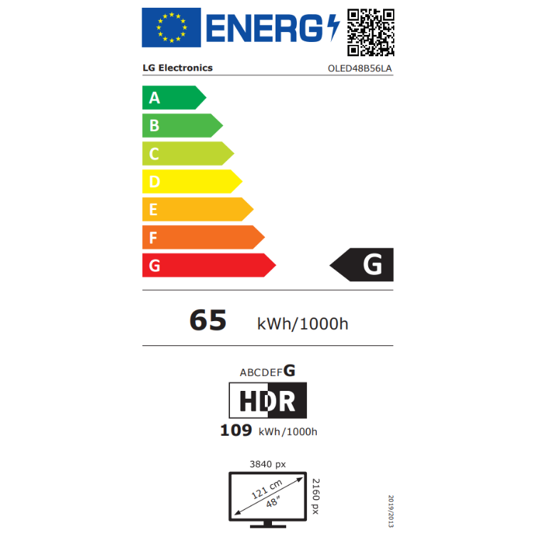 Etiqueta energética LG OLED48B56LA, classe G, 65 kWh/1000h, HDR, 48 polegadas 4K.