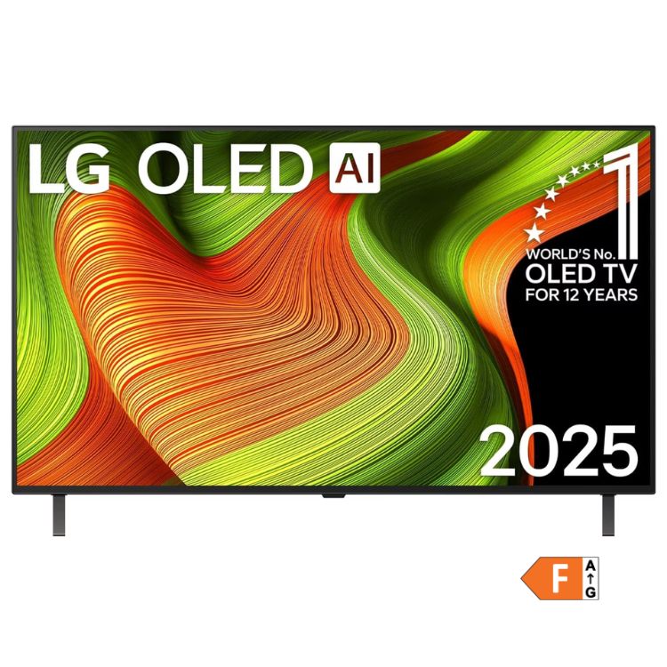 TV LG OLED AI 2025 B5 55" 4K, ecrã OLED com padrão ondulado verde, laranja e vermelho, logotipo LG e texto que indica líder em OLED há 12 anos.