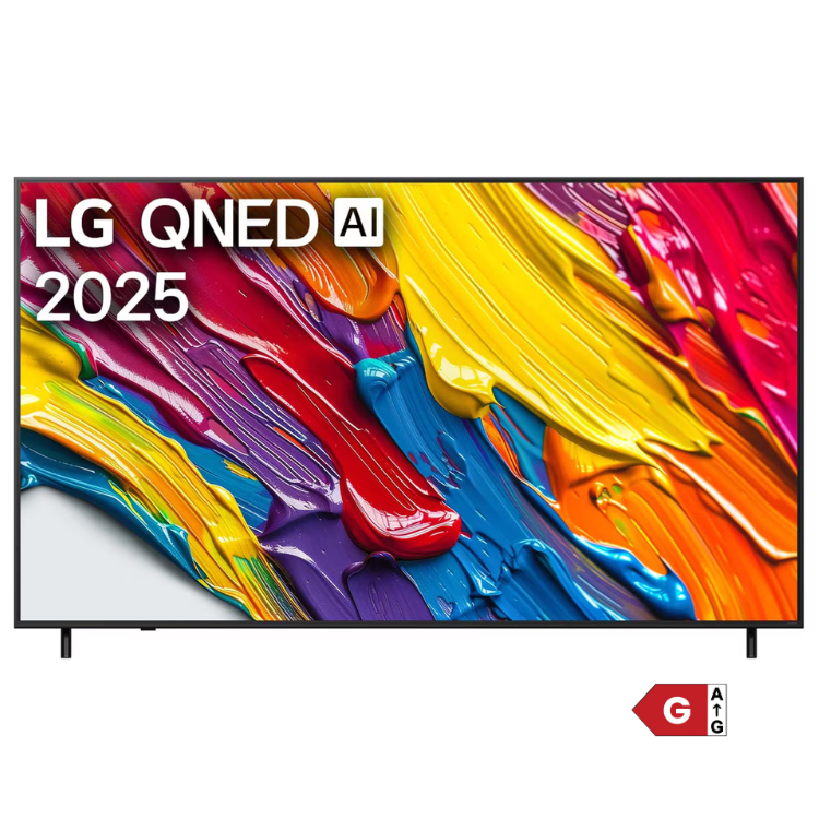 TV LG QNED 2025 43" 4K com pintura colorida no ecrã.