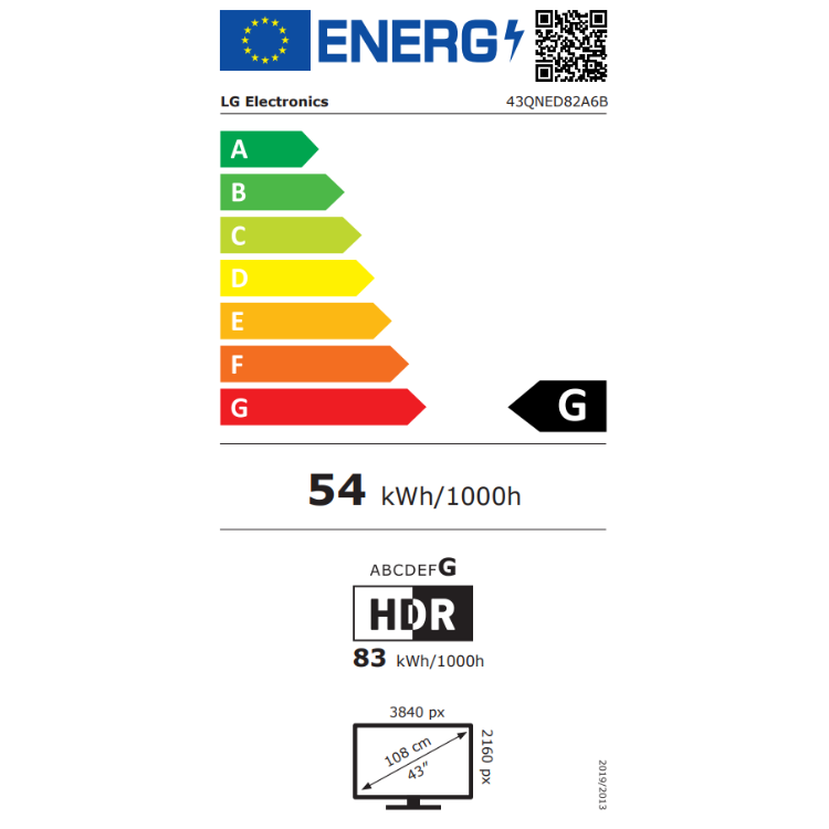 Etiqueta energética LG 43QNED82A6B, eficiência G, 54 kWh/1000h, HDR, 43 polegadas, 4K.