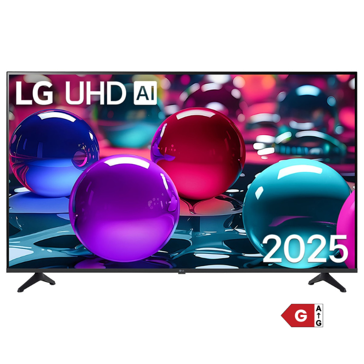 TV LG UHD AI 2025 43" 4K LED, imagem de esfera colorida.
