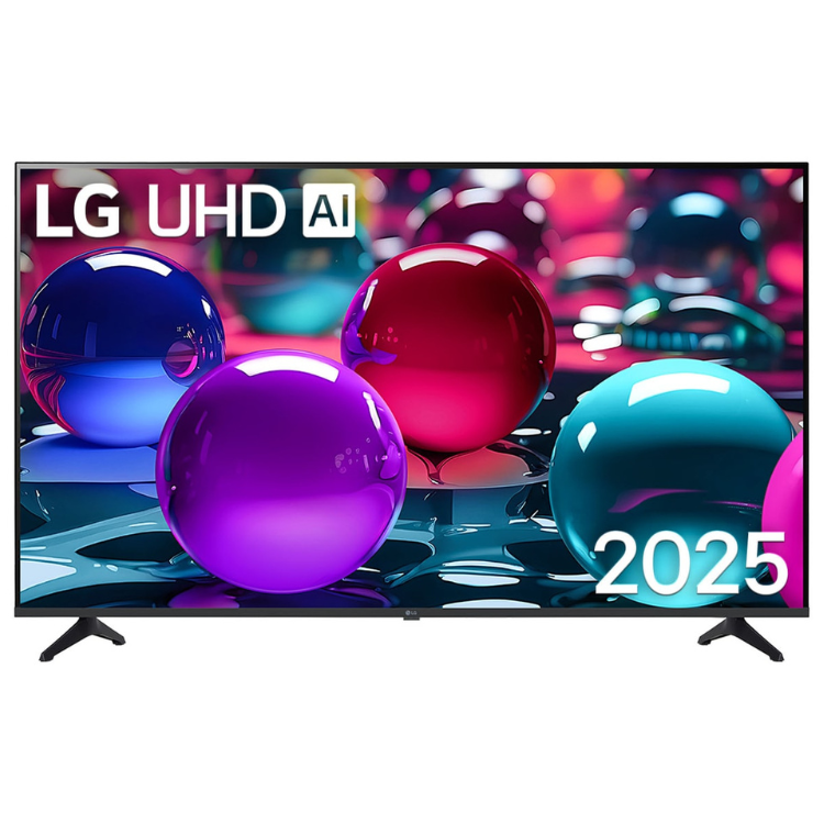 TV LG UHD AI 2025 43" 4K LED, imagem colorida com bolas refletoras.
