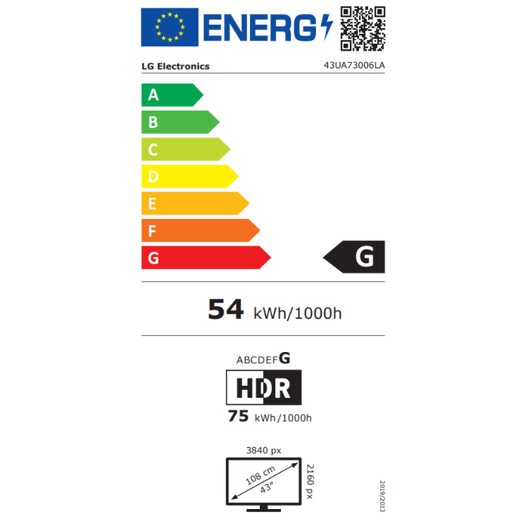 Etiqueta energética LG 43UA73006LA, eficiência G, 54 kWh/1000h, HDR, 43 polegadas 4K.