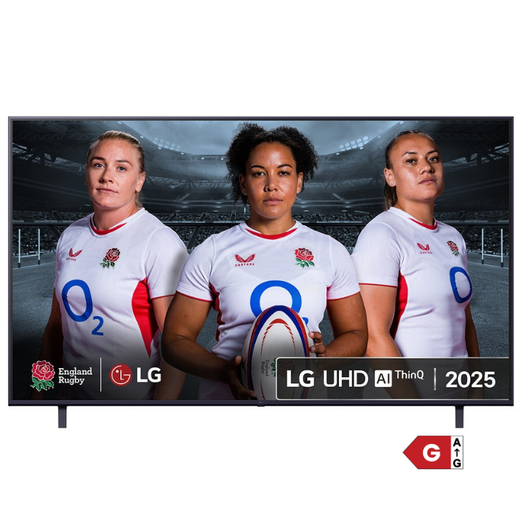 TV LG 4K LED 43" Série UA74 2025, com três mulheres em jerseys de râguebi no ecrã.