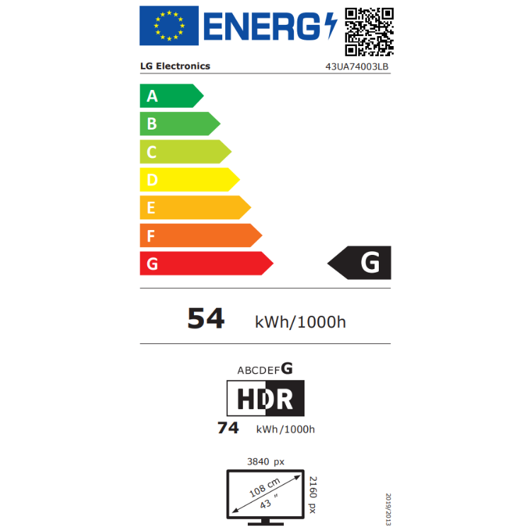 Etiqueta energética da televisão LG 43UA74003LB, eficiência G, 54 kWh/1000h.