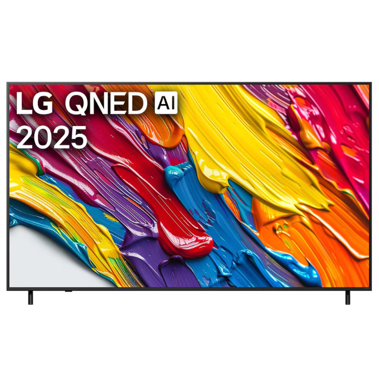 TV LG QNED 50" 4K, com pintura colorida na tela e texto LG QNED AI 2025.