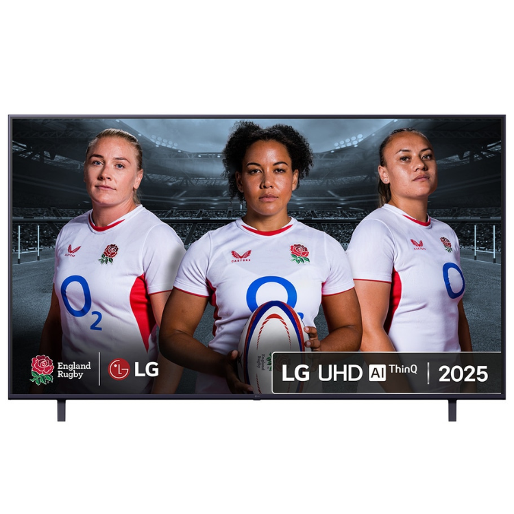 TV LG 4K LED 43" Série UA74 2025, com três mulheres em jerseys de râguebi no ecrã.