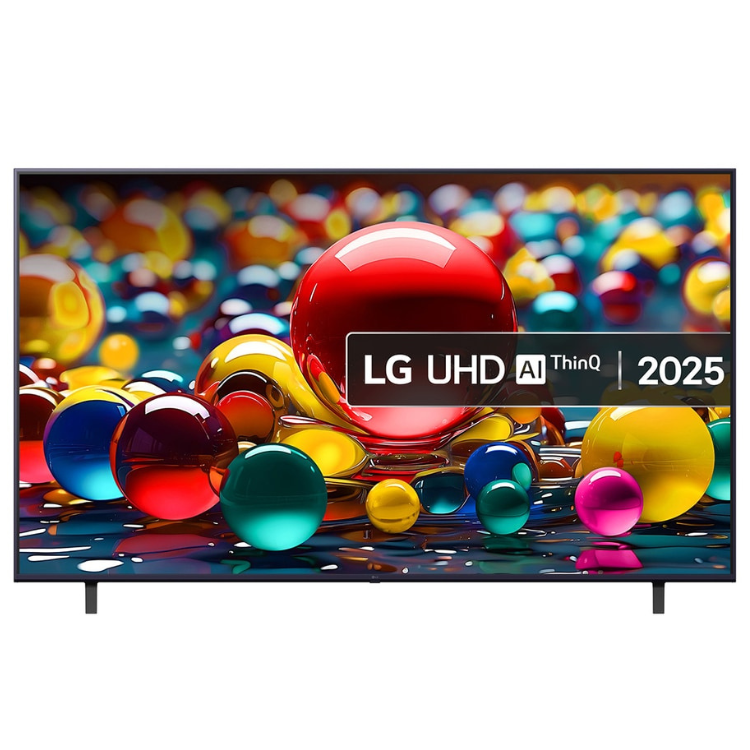 TV LG UHD AI ThinQ 2025 43" com bolas coloridas no ecrã.