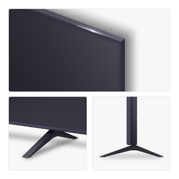 TV LG UA74 2025, 43", 4K LED, preto, detalhes da moldura e suporte.