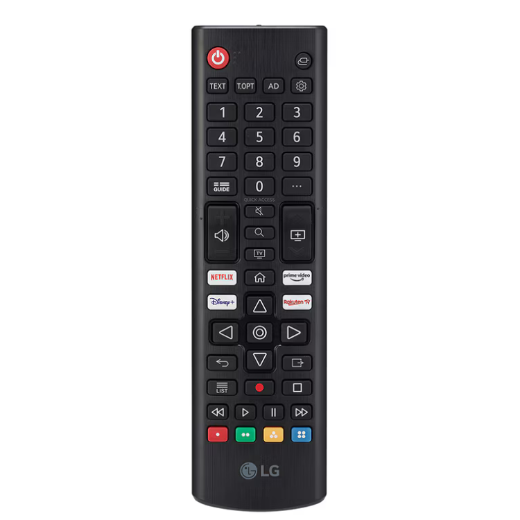 Controlo remoto LG preto com diversos botões e logótipos de serviços de streaming.