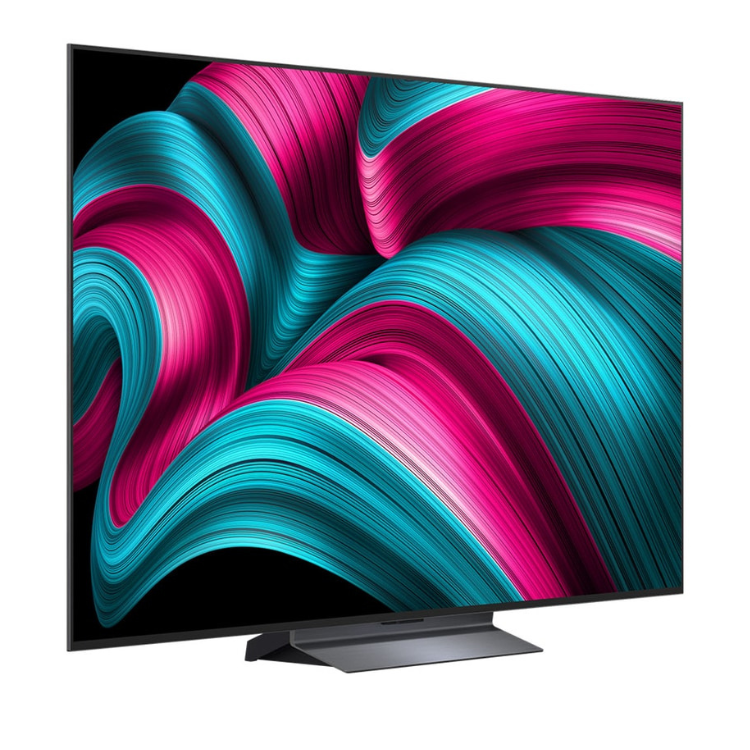 TV LG OLED 55" 4K Série C5, ecrã com padrões ondulados em magenta e ciano.