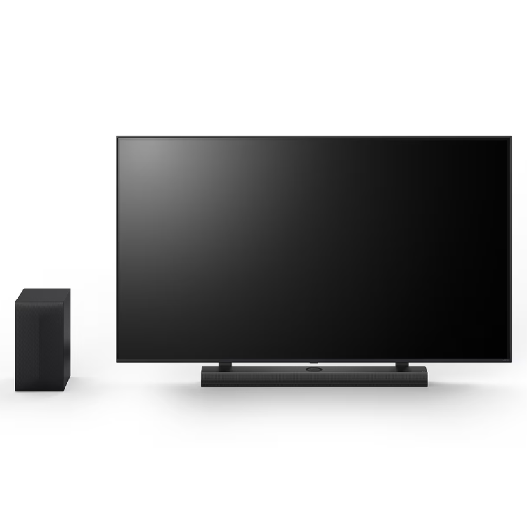 Black LG soundbar with subwoofer and TV, 400W Dolby Atmos.