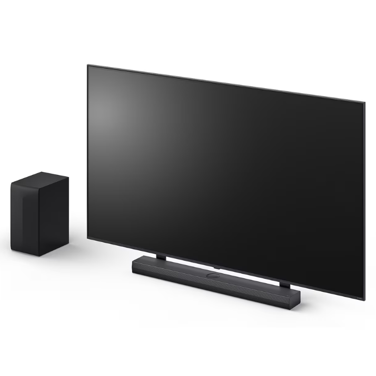 Black LG soundbar with subwoofer and TV on white background.