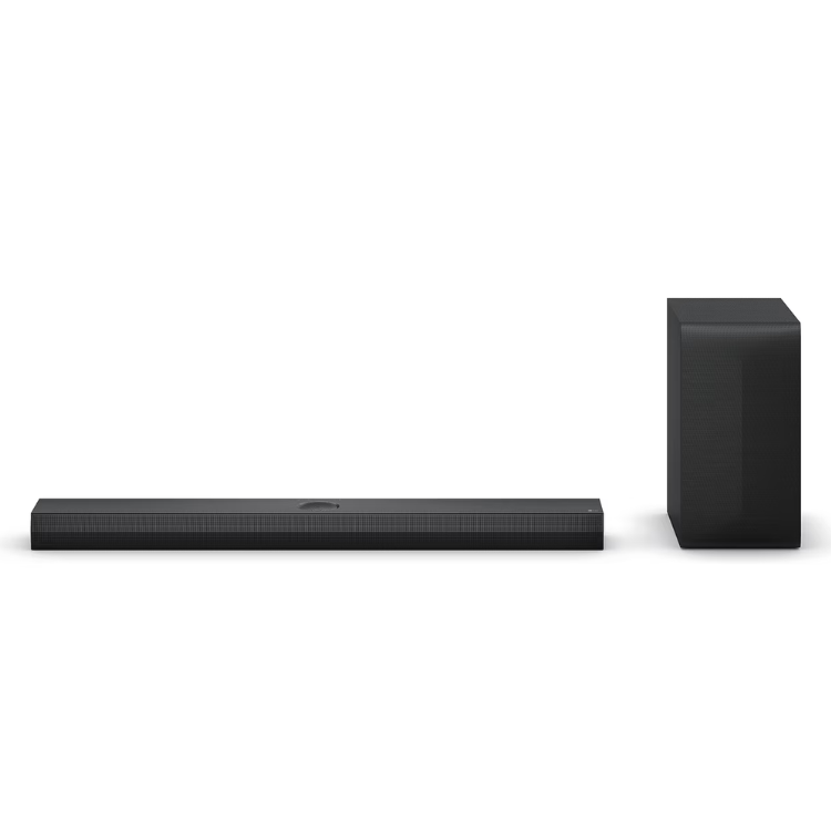 Black LG soundbar and wireless subwoofer, 3.1.1 channels, Dolby Atmos.