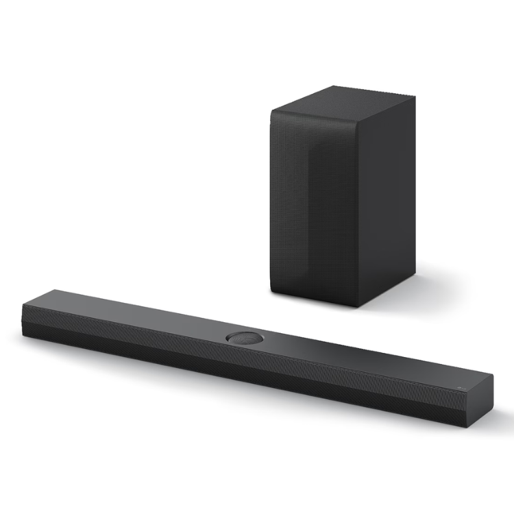 Black LG soundbar and wireless subwoofer, Dolby Atmos, 400W.