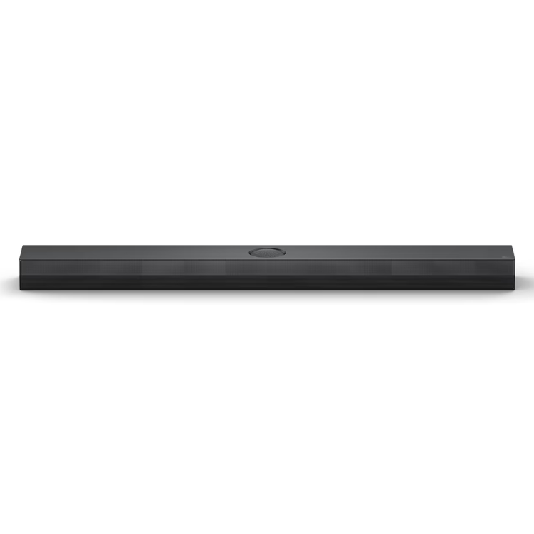 Black LG soundbar with sleek design and central control button.