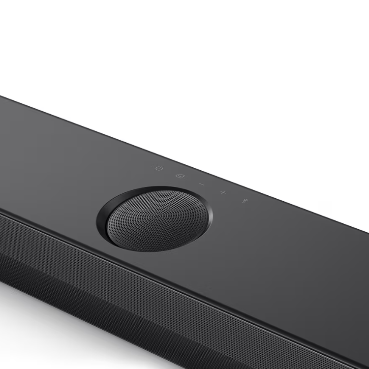 Black LG soundbar with control buttons and speaker grille.