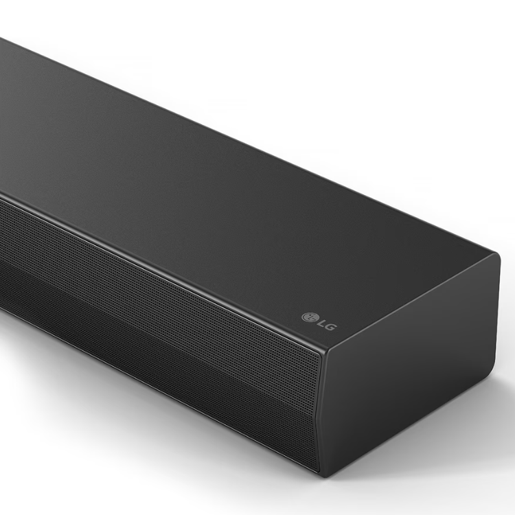 Black LG soundbar with mesh speaker grille and LG logo.