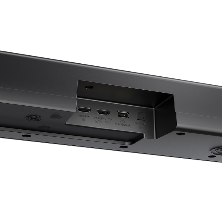 Black LG soundbar with ports including HDMI, optical, and USB.