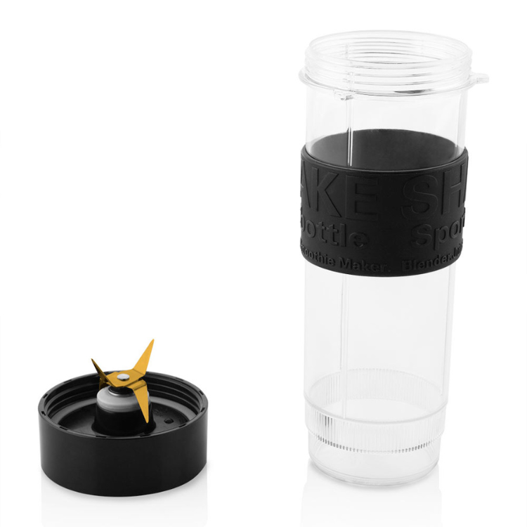 Orbegozo 0.57L blender with clear container, black lid and base, gold blades.