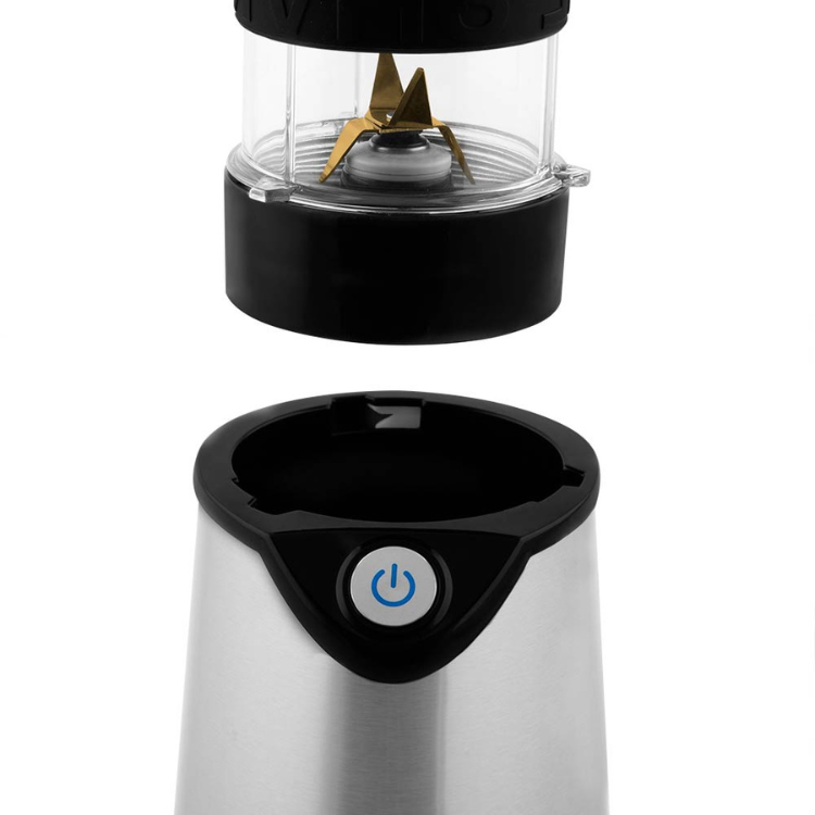 Orbegozo 0.57L blender, black and silver, with clear container and gold blades.