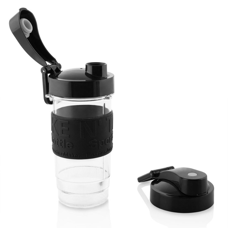Black portable blender bottle with clear body and handle, 0.57L capacity.