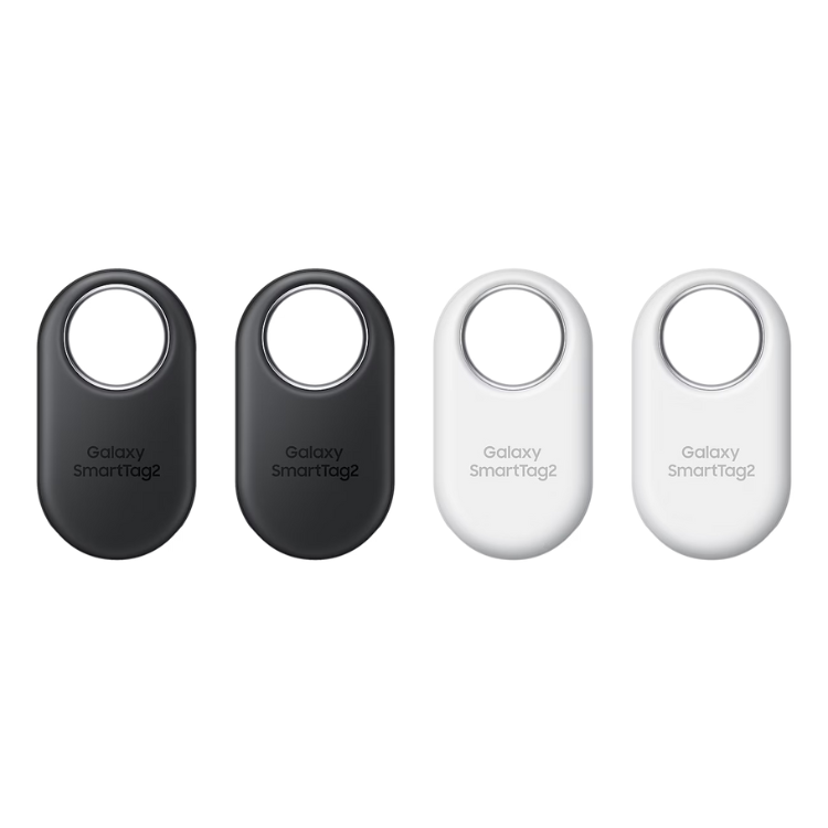Quatro Localizadores Samsung Galaxy SmartTag2, dois pretos e dois brancos.
