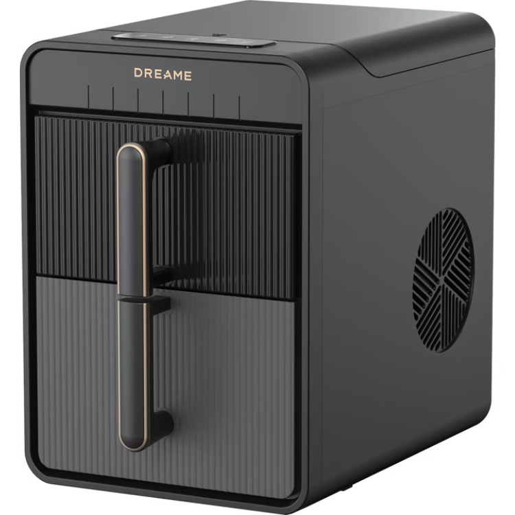 Black Dreame ice maker machine with gold accents and handle.