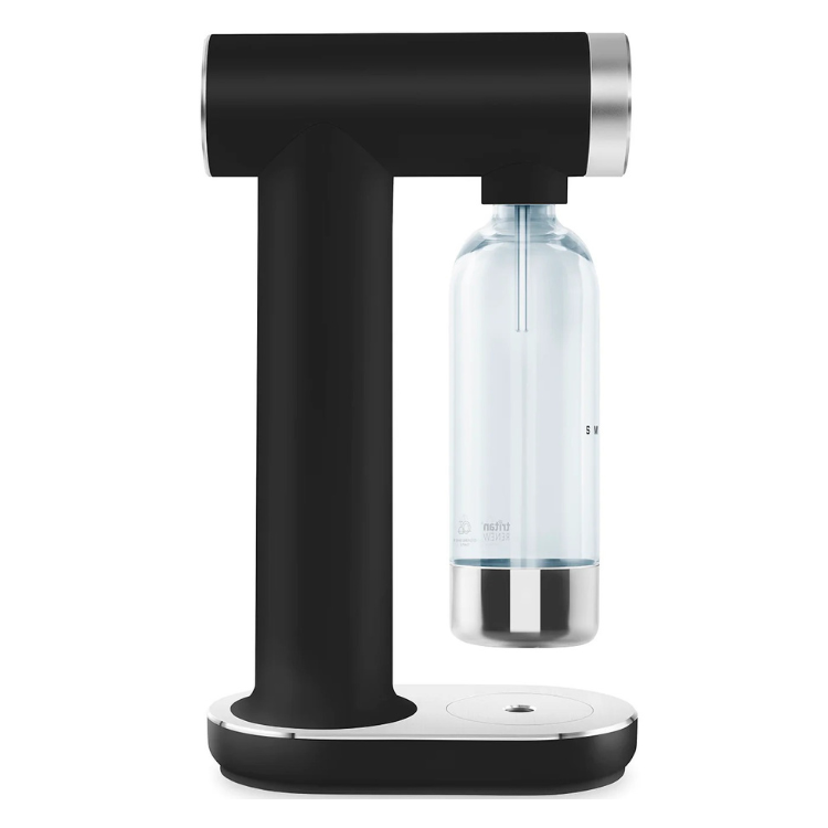 Máquina de gaseificação Smeg Collezione preto mate com garrafa transparente.