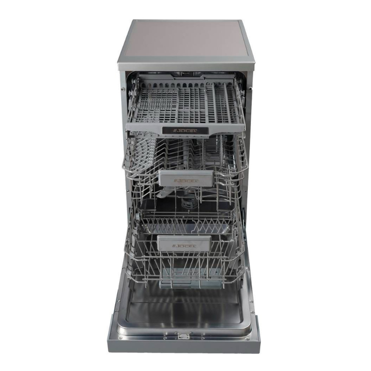 Máquina de lavar loiça Jocel JLLI023124, 11 conjuntos, inox, porta aberta mostrando cestas.