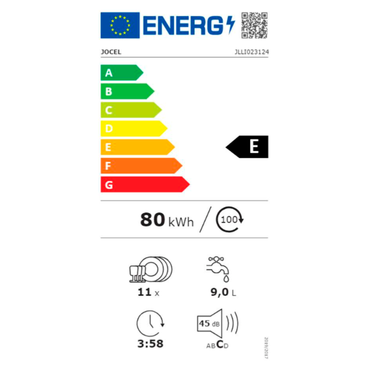 Etiqueta energética da máquina de lavar loiça Jocel JLLI023124, eficiência E, 80 kWh/100 ciclos, capacidade 11 conjuntos, consumo 9L, nível de ruído 45 dB.