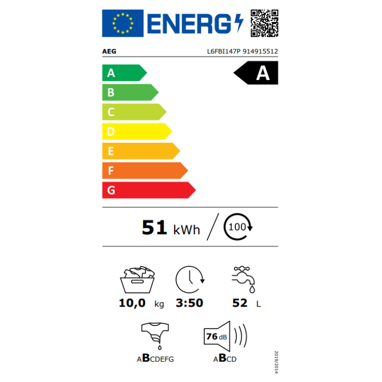Máquina de Lavar Roupa AEG L6FBI147P 10Kg 1400RPM Classe A