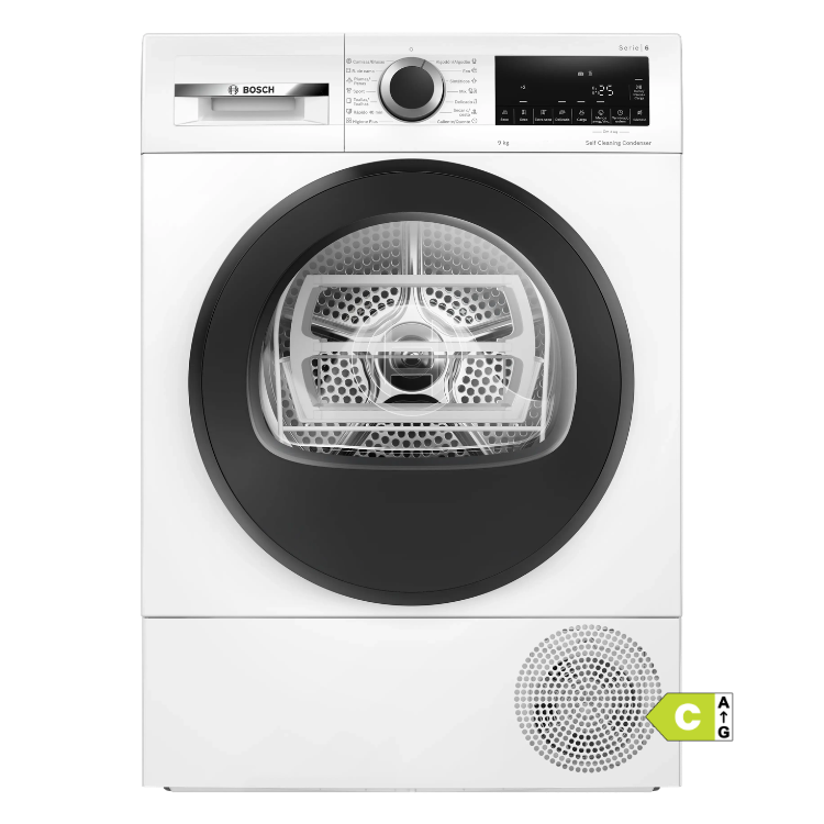 Bosch WQG245D0ES 9Kg Class A white dryer with black door and control panel