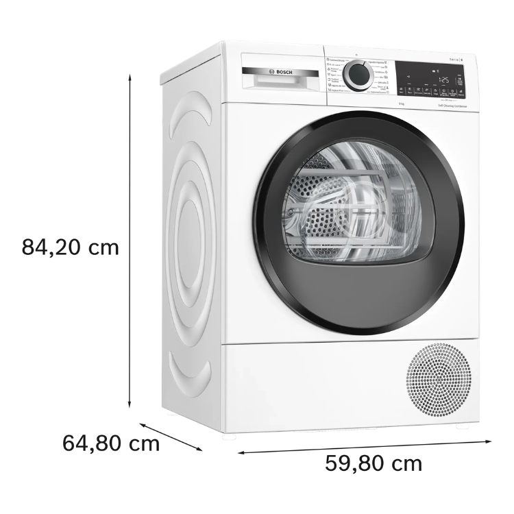 Bosch WQG245D0ES 9Kg Class A white dryer, 59.8x64.8x84.2cm, black door and control panel.