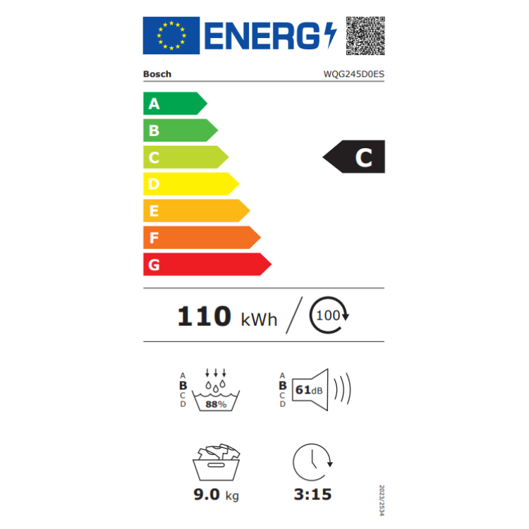 Bosch WQG245D0ES energy label, 9kg capacity, C rated, 110kWh/100 cycles.