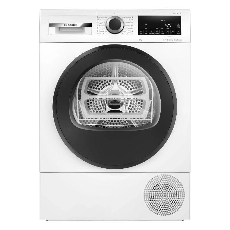 Bosch WQG245D0ES 9Kg Class A white dryer with black door and digital display.