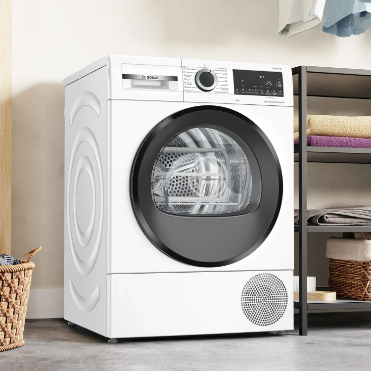 White Bosch clothes dryer with black accents and 9kg capacity.
