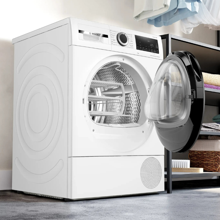 White Bosch clothes dryer with open door, 9Kg capacity, A class.