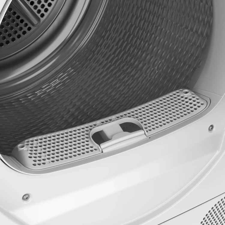 Bosch WQG245D0ES dryer door and filter, white and gray.