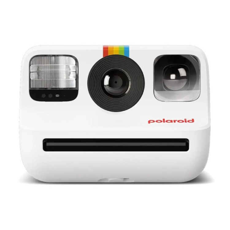 White Polaroid instant camera, front view, with black lens and flash.