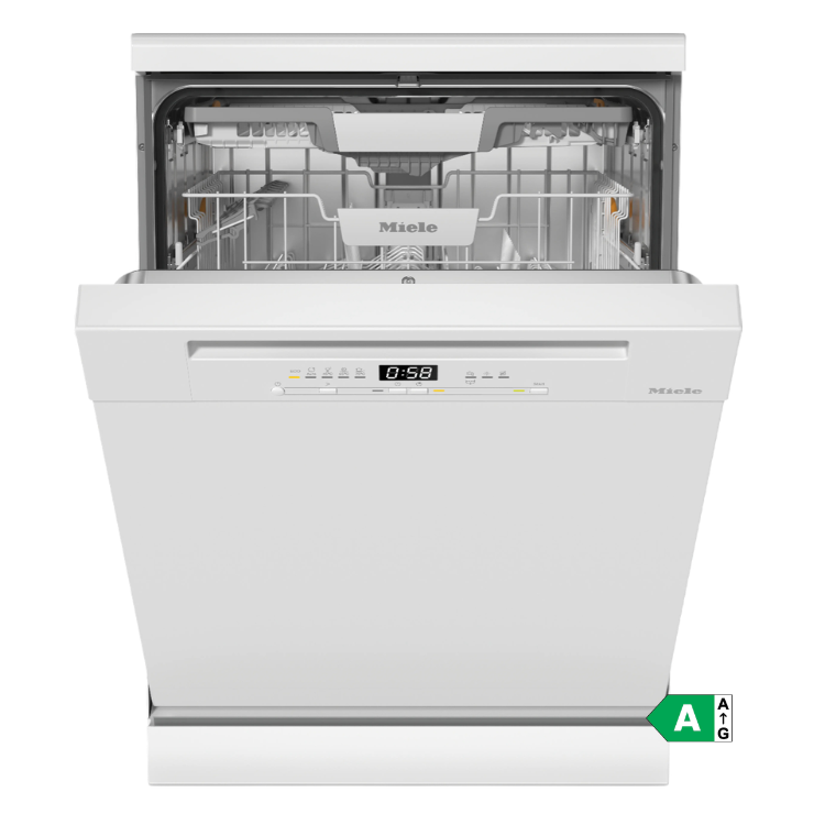 Máquina de lavar loiça Miele G 5811 SC, 14 conjuntos, branca, porta aberta mostrando o interior com cesto e painel de controlo digital.