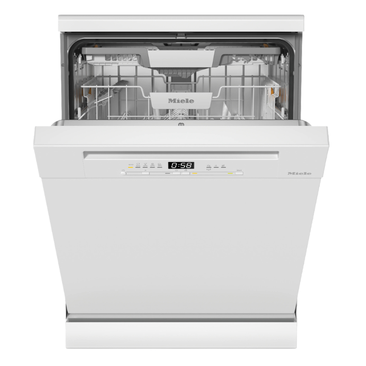 Máquina de lavar loiça Miele G 5811 SC, 14 conjuntos, branca, porta aberta mostrando o interior com cesto para loiça.