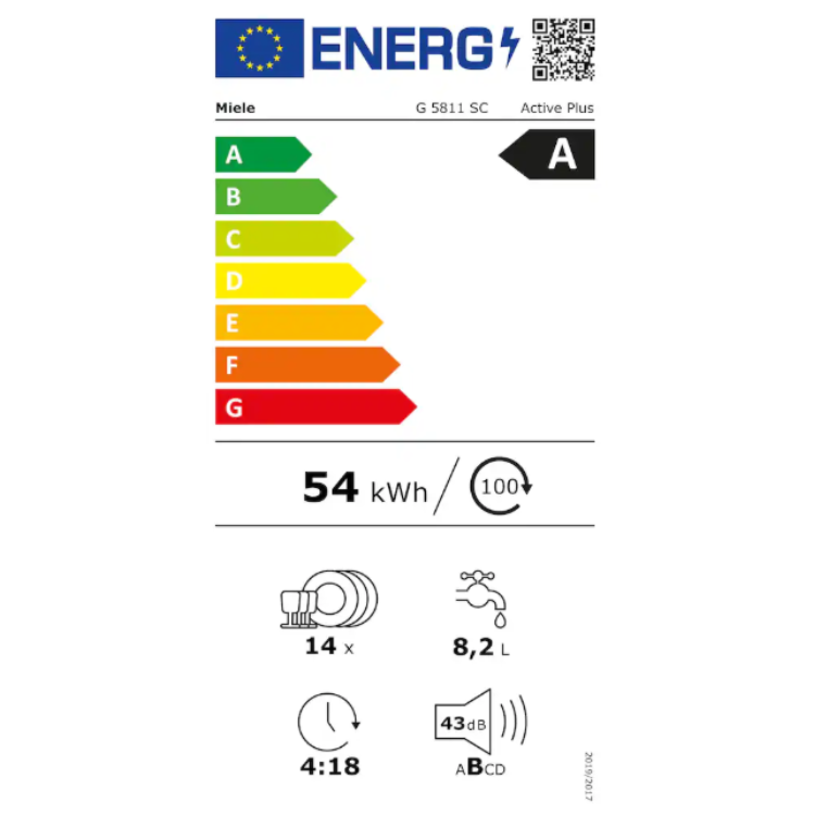 Etiqueta energética da máquina de lavar loiça Miele G 5811 SC Active Plus, classe A, 54 kWh/100 ciclos, consumo de 8,2 litros por ciclo.